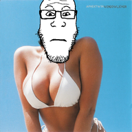 album_cover aphex_twin bald blue_background breasts forehead_lines glasses goonslop looking_at_you model music neutral parody soyjak stubble subvariant:neutralplier variant:markiplier_soyjak // 1400x1400 // 2.7MB