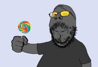 arm closed_mouth clothes fist glasses grey_skin holding_lollipop holding_object lollipop soot soot_colors soyjak soyjak_party stubble variant:gapejak wink // 1657x1129 // 82.8KB