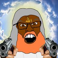 allah brown_eyes brown_skin clothes glasses glowing god grey_hair gun hair hand heaven islam mustache open_mouth orange_beard pointing pointing_at_viewer red_beard religion robe sky soyjak variant:feraljak // 800x800 // 842.7KB