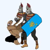 armor classical_art_parody cumans helm kazakhstan mustache rope shield spear stubble symbol variant:bernd // 3463x3463 // 3.2MB