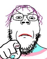 angry flag:transgender_pride_flag front_facing frown glasses hand lipstick nails painted_nails pointing pointing_at_viewer purple_hair soyjak stubble subvariant:gapejak_front template tranny transgender_flag troon variant:gapejak white_background // 500x622 // 24.1KB