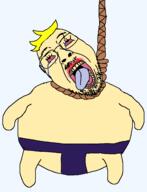 arm bloodshot_eyes booma cartoon crying dead dic fat full_body glasses hair hanging leg lipstick mustache open_mouth rope soyjak stubble suicide super_duper_sumos thong tongue variant:bernd white_skin yellow_hair yellow_teeth // 1208x1582 // 78.4KB