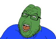 angry frog glasses green_skin mustache no_nose open_mouth pepe soyjak stubble variant:hilbert_soyjak // 812x567 // 31.3KB
