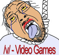 4chan brown_skin clothes crying dead glasses hair hanging logo nintendo open_mouth rope soyjak stubble suicide text tongue v_(4chan) variant:bernd video_game yellow_sclera // 768x719 // 319.3KB