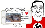 clothes finger fingernail fishtank_live glasses hair hand holding_object holding_phone i_love iphone irl josie_(fishtank) mustache nazism phone smile variant:chudjak // 1124x716 // 328.7KB