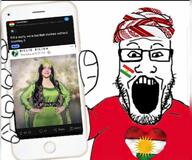 arm billie_eilish clothes country flag glasses hand hat heart holding_object holding_phone iphone keffiyeh kurd kurdistan open_mouth phone reddit soyjak stubble subvariant:phoneplier subvariant:phoneplier_vertical tshirt variant:markiplier_soyjak // 720x601 // 72.4KB