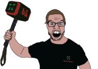 4chan angry arm ban_hammer blue_eyes brown_hair clothes glasses hair hammer holding_object jay_louis_irwin moderator open_mouth soyjak stubble swaglord tshirt variant:feraljak // 1394x982 // 42.3KB