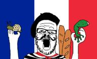 arm beret bread clothes country flag flag:france food france frog glasses hand hat holding_object mustache open_mouth snail soyjak stubble tshirt variant:a24_slowburn_soyjak // 1130x690 // 29.3KB