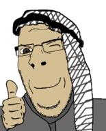 arab closed_mouth clothes glasses hand hat keffiyeh smile smug soyjak stubble subvariant:nucob template thob thumbs_up variant:cobson wink // 541x671 // 66.4KB