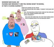 biting_lip blond blood bloodshot_eyes blue blue_eyes brown_skin diamond ear fart fat food gameboy glasses mutt oldfag pearl plate pokemon red_eyes stinky stubble subvariant:blobson subvariant:hornyson subvariant:nucob variant:cobson yellow_hair // 1934x1672 // 490.4KB