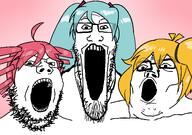 3soyjaks akita_neru blue_hair hair hatsune_miku kasane_teto open_mouth pink_hair teeth_showing utaloid variant:gapejak variant:markiplier_soyjak variant:tony_soprano_soyjak vocaloid yellow_hair // 2664x1870 // 1.0MB