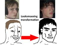 arrow before_after bonesmashing brown_hair chad chin closed_mouth dyed_hair faggot gay hair handsome incel lips looksmax looksmaxxing nose smile thick_eyebrows transformation variant:chudjak // 1662x1307 // 647.9KB