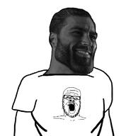 arm clothes gigachad glasses mustache nas:gigachad open_mouth soyjak stubble tshirt variant:a24_slowburn_soyjak // 622x672 // 113.9KB