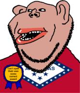 amerimutt arkansas award black_sclera brown_skin clothes ear flag flag:arkansas lips mutt open_mouth soyjak state stubble subvariant:impish_amerimutt text united_states variant:impish_soyak_ears // 685x793 // 63.2KB