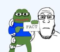 blue_shirt fact frog glasses green_skin holding_object neutral pepe pointing sign stubble subvariant:neutralplier variant:markiplier_soyjak // 401x350 // 81.7KB