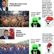 3soyjaks central_intelligence_agency clothes crying el_salvador flag flag:china flag:el_salvador flag:united_states glowing glownigger green green_skin hair islam maga maga_hat ms_13 nayib_bukele open_mouth soyjak star_(symbol) stubble suit_and_tie teeth terrorism text trend:glowie united_states variant:cryboy_soyjak variant:el_perro_rabioso variant:soyak xi_jinping xinjiang // 750x750 // 602.6KB