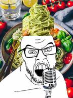 basil bowl clothes cup food glasses hat lemon microphone mustache open_mouth pasta soyjak stubble tomato variant:feraljak water // 1263x1687 // 2.3MB
