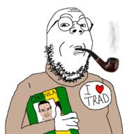 2soyjaks arm badge book glasses hand holding_book holding_object julius_evola lit_(4chan) pipe round_glasses smoking smug soyjak stubble subvariant:chudjak_front sweater variant:chudjak variant:gapejak // 1315x1315 // 391.2KB