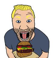arm blue_eyes clothes cooking eating food gordon_ramsay hair hamburger open_mouth soyjak stubble tongue tshirt variant:el_perro_rabioso white_skin yellow_eyebrows yellow_hair // 427x463 // 33.7KB