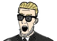 clothes ear glasses max_headroom necktie open_mouth soyjak stubble subvariant:protoheadjak suit sunglasses variant:headjak white_skin yellow_hair // 418x298 // 42.9KB