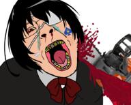 anime another_(anime) blood bowtie chainsaw decapitation eyepatch kosovo misaki_mei open_mouth queen_of_spades red_eyes subvariant:chainsaw_bernd tattoo tongue trans_rights variant:bernd white_skin yellow_teeth // 900x722 // 399.1KB