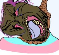 bloodshot_eyes brown_troonjak crying open_mouth rope soyjak suicide tongue transparent_background trend:slopjak variant:bernd // 768x719 // 207.7KB