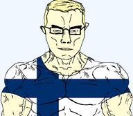 arm blue_eyes buff closed_mouth clothes finland glasses hair small_eyes soyjak subvariant:chudjak_front subvariant:muscular_chud tshirt variant:chudjak yellow_hair // 1059x929 // 67.0KB