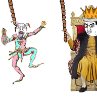 2soyjaks angry closed_mouth clothes crown glasses hair hanging hat jester king mustache open_mouth purple_hair rope smile soyjak soyjaks stubble suicide tongue tranny variant:bernd variant:chudjak yellow_teeth // 595x381 // 760.5KB