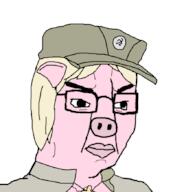 angry animal closed_mouth clothes cross ear hair hat marichka nazism pig pink_skin snout soyjak swastika ukraine variant:chudjak yellow_hair // 845x870 // 38.9KB