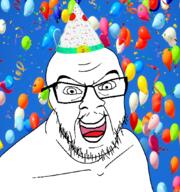 balloon glasses happy mustache open_mouth party party_hat smile soyjak stubble variant:feraljak // 1500x1600 // 2.2MB