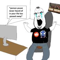 angry animal bloodshot_eyes blue_skin cat clothes computer crying desk ear eyebags full_body furry glasses gmod hair hand kitty0706 no_pupils open_mouth poop poster profile_picture soyjak stinky stubble subvariant:hairson team_fortress_2 tear text variant:cobson variant:markiplier_soyjak whisker white_background youtube youtuber // 2560x2560 // 728.3KB