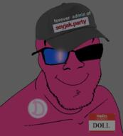 blue blue_eyes button closed_mouth clothes dark doll_(user) eyepatch glasses hat name_tag ominous pink pink_skin smile soyjak stubble text variant:feraljak // 818x910 // 264.0KB