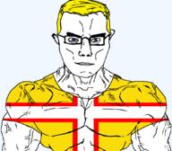 arm blue_eyes british buff closed_mouth clothes dorset ear england flag flag:dorset glasses hair soyjak subvariant:chudjak_front subvariant:muscular_chud trend:aryan tshirt united_kingdom variant:chudjak vein yellow_hair // 1059x929 // 37.6KB