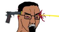 blood bloodshot_eyes brown_skin dead glasses gun hair open_mouth shooting soyjak variant:chudjak // 1252x687 // 102.8KB