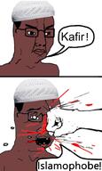 angry arab blood broken_glasses broken_teeth brown_skin closed_mouth comic glasses hair islam kafir open_mouth punch speech_bubble taqiyah text thick_eyebrows variant:chudjak // 1230x2050 // 122.2KB