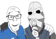 2soyjaks bald blue_uniform civil_protection_officer dirty_clothes friendship gas_mask glasses glove half-life hugging looking_at_you mask military_uniform no_more_brother_wars smile soyjak stubble variant:cobson variant:feraljak video_game white_background // 548x384 // 77.0KB