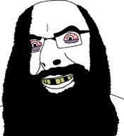 beard bloodshot_eyes glasses hair missing_teeth smile soyjak tired variant:cobson yellow_teeth // 721x789 // 8.6KB