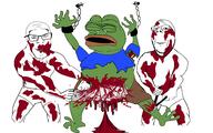 2soyjaks arm blood chainsaw closed_eyes closed_mouth clothes crying frog full_body glasses gore hand hanging holding_chainsaw holding_object leg open_mouth pepe smile soyjak stubble subvariant:wholesome_soyjak tshirt underpants variant:feraljak variant:gapejak // 5554x3472 // 825.3KB