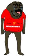 angry bloodshot_eyes clothes crying full_body glasses mcdonalds nsfw penis small_penis soyjak stubble text tshirt variant:et // 993x1907 // 166.9KB