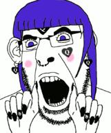 angry animated anime bernkastel blush bwc ear facial_mark forehead_mark glasses hair hand nose_piercing nose_ring open_mouth painted_nails purple_hair queen_of_hearts soyjak stubble subvariant:slutson umineko variant:cobson video_game // 723x861 // 112.5KB