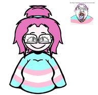 closed_mouth clothes eyelashes glasses hair mustache open_mouth pink_hair purple_hair redraw smile stubble text tongue tranny tranny_artstyle variant:bernd yellow_teeth // 2048x1983 // 1.1MB