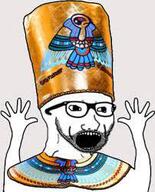arm bronze_age clothes egypt excited glasses hand hands_up hat low_resolution open_mouth religion soyjak stubble variant:excited_soyjak // 202x250 // 13.9KB