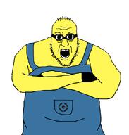 blart clothes crossed_arms despicable_me glove goggles minion open_mouth overalls soyjak stubble variant:blartjak yellow_skin // 876x921 // 24.6KB