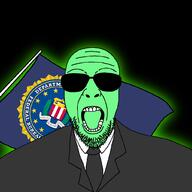 beard clothes federal_bureau_of_investigation flag glasses glowing green_skin looking_at_you open_mouth soyjak sunglasses template transparent_background trend:glowie tuxedo variant:patriotjak // 1023x1023 // 193.3KB