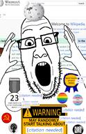award badge beard black_lives_matter communism feminism glasses lgbt open_mouth protect_trans_kids tranny variant:ppp warning wikipedia // 950x1474 // 420.1KB