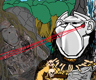 3soyjaks alien closed_eyes closed_mouth drawn_background ear glasses mask monster movie predator_(movie) skull soyjak stubble tree variant:chudjak variant:cobson variant:impish_soyak_ears variant:markiplier_soyjak // 2420x2000 // 1.1MB