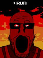 clothes creepypasta drawn_background fire glasses nes nes_godzilla_creepypasta nintendo open_mouth pixel_art red red_eyes run soyjak stubble text variant:markiplier_soyjak video_game // 600x800 // 46.6KB