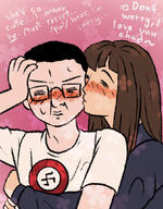 arm art blush boymoder brown_hair chud closed_mouth clothes glasses hair hand kiss long_hair pol_(4chan) soiboi swastika sweating text variant:chudjak // 828x1061 // 718.6KB