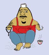 arab arm beads beard brown_skin cigarette clothes cup full_body hair hand hat leg mustache sleeveless_shirt smoking soyjak taqiyah tea variant:ishish_soyak_ears // 1102x1223 // 592.1KB