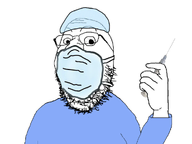 blue_shirt crazed eat_the_bugs eyebrows facemask glasses hairnet hand needle nose stubble subvariant:gapejak_holding vaccine variant:gapejak white_background wrinkles // 1000x750 // 255.6KB